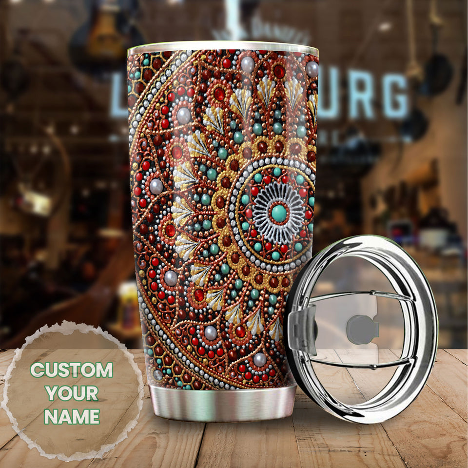 Camellia Personalized Mandala Beading Stainless Steel Tumbler-Sweat-Proof Double Wall Travel Cup With Lid