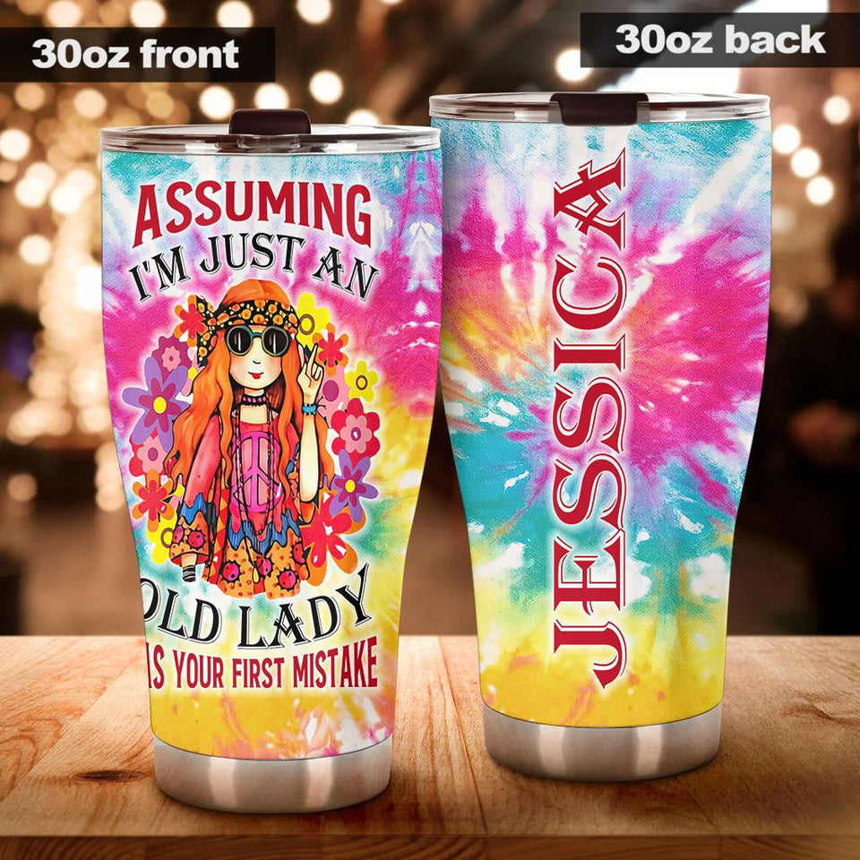 Camellia Personalized I'm Just Old Lady Hippie Style Stainless Steel Tumbler- Therma Flask Gift For Old Lady