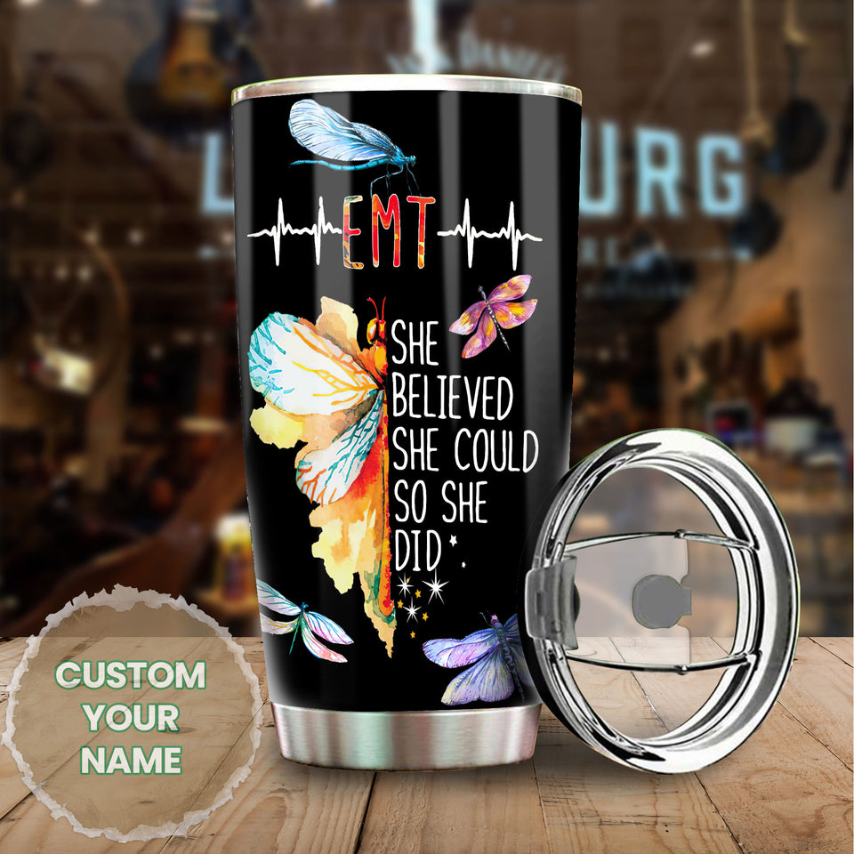 Camellia Personalized She Believed She Could So She Did Dragonfly Emergency Medical Technician Stainless Steel Tumbler - Customized Double-Walled Insulation Travel Thermal Cup With Lid Gift For Nurse Doctor