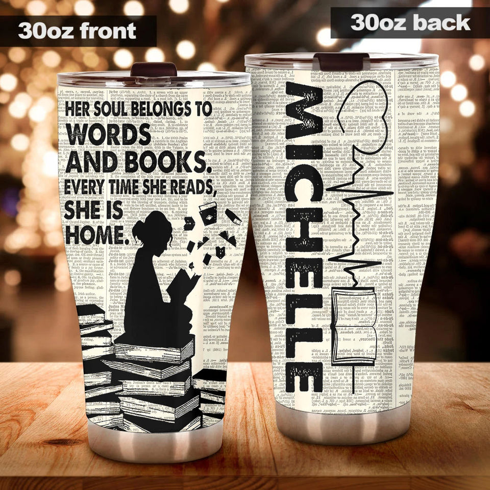 Camellia Personalized Her Soul Belongs To Words Stainless Steel Tumbler - Double-Walled Insulation Vacumm Flask - Gift For Book Lovers, Nerd, International Book Day