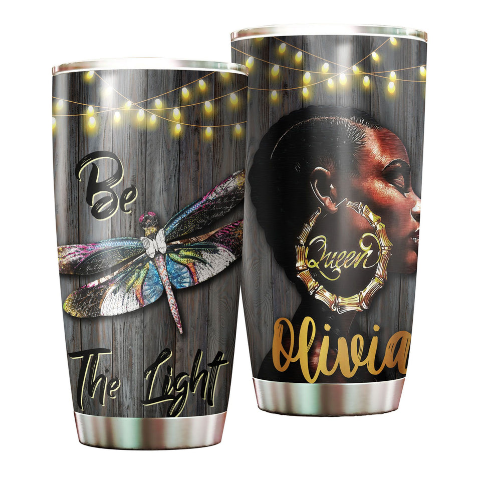 Camellia Personalized Colorful Dragonfly Black Queen Be The Light Stainless Steel Tumbler - Customized Double-Walled Insulation Travel Thermal Cup With Lid