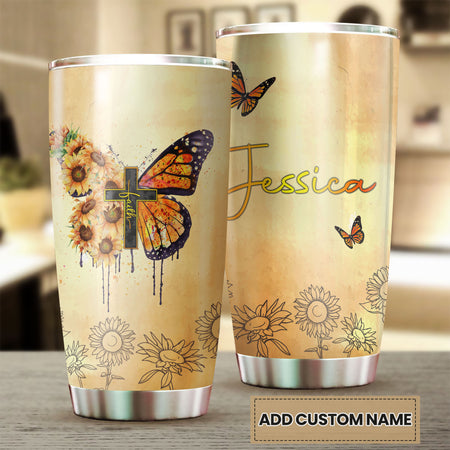 Camellia Personalized Butterfly Faith Christian Cross Sunflower Stainless Steel Tumbler - Double-Walled Insulation Vacumm Flask - For Thanksgiving, Memorial Day, Christians, Christmas Gift