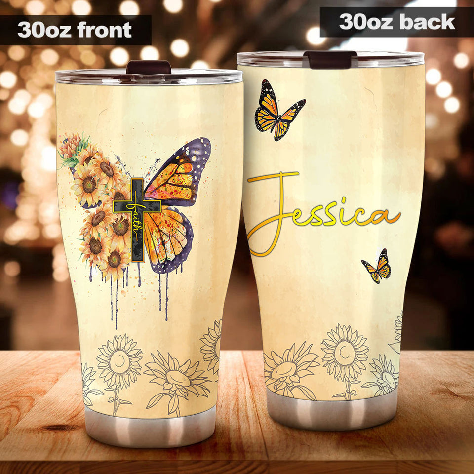 Camellia Personalized Butterfly Faith Christian Cross Sunflower Stainless Steel Tumbler - Double-Walled Insulation Vacumm Flask - For Thanksgiving, Memorial Day, Christians, Christmas Gift