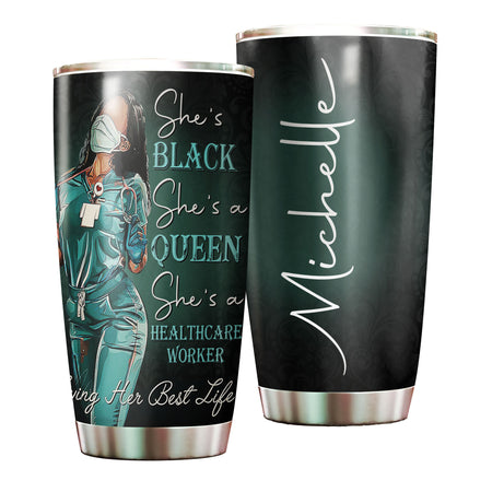 Camellia Personalized Black Nurse Queen Stainless Steel Tumbler - Double-Walled Insulation Vacumm Flask - Gift For Black Queen, International Women's Day, Nurse's Day