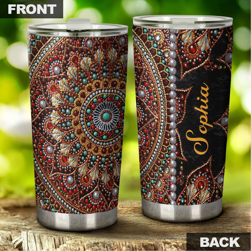 Camellia Personalized Mandala Beading Stainless Steel Tumbler-Sweat-Proof Double Wall Travel Cup With Lid