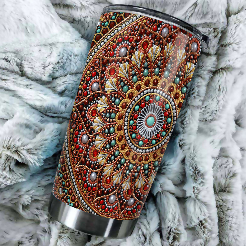 Camellia Personalized Mandala Beading Stainless Steel Tumbler-Sweat-Proof Double Wall Travel Cup With Lid