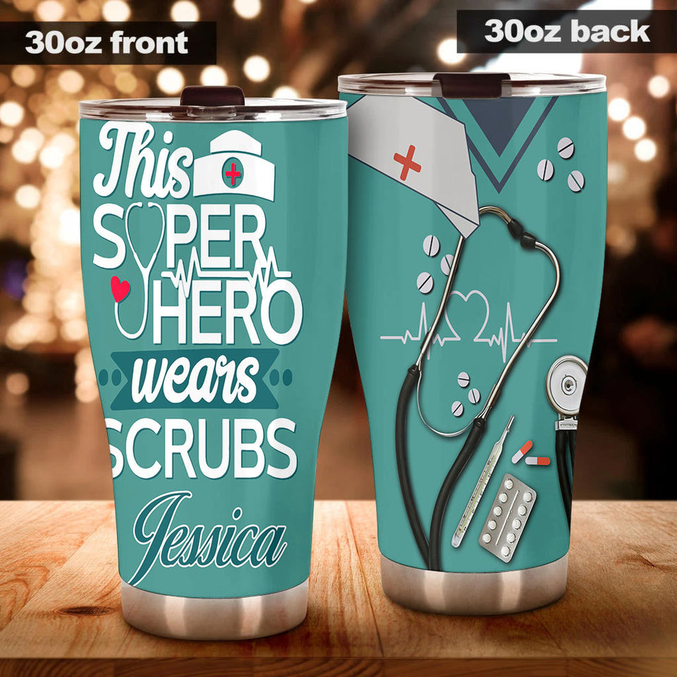Camellia Personalized Nurse Hero Scrubs Stainless Steel Tumbler - Double-Walled Insulation Vacumm Flask - Gift For Nurse, Christmas Gift, International Nurses Day