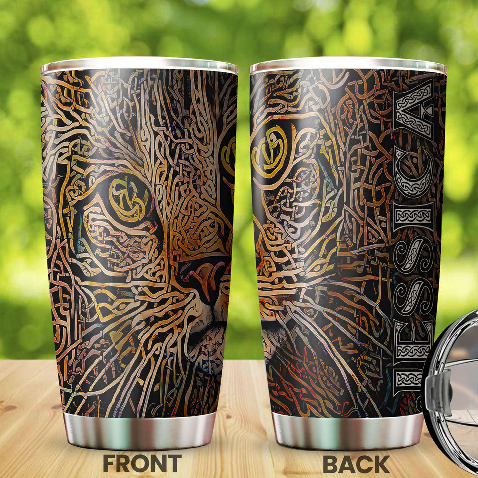 Camellia Personalized Celtic Knot Cat Stainless Steel Tumbler - Customized Double-Walled Insulation Travel Thermal Cup With Lid