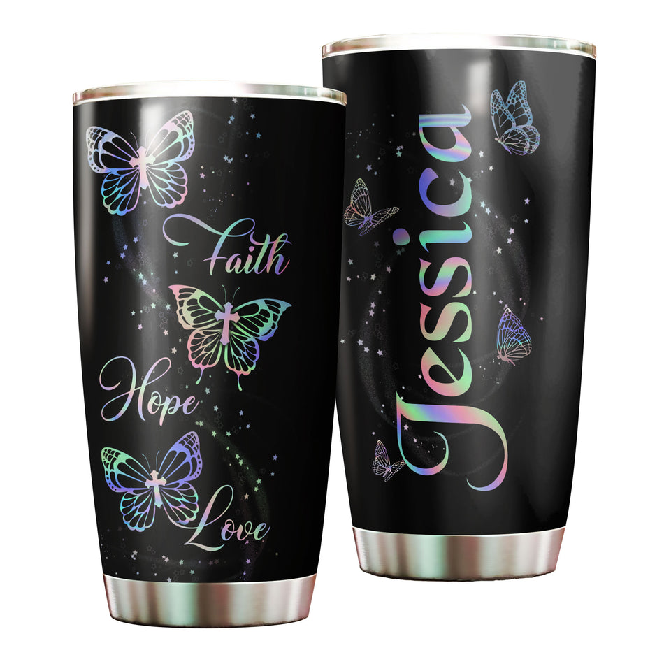 Camellia Personalized Butterfly Faith Hope Love Stainless Steel Tumbler - Double-Walled Insulation Vacumm Flask - For Thanksgiving, Memorial Day, Christians, Christmas Gift