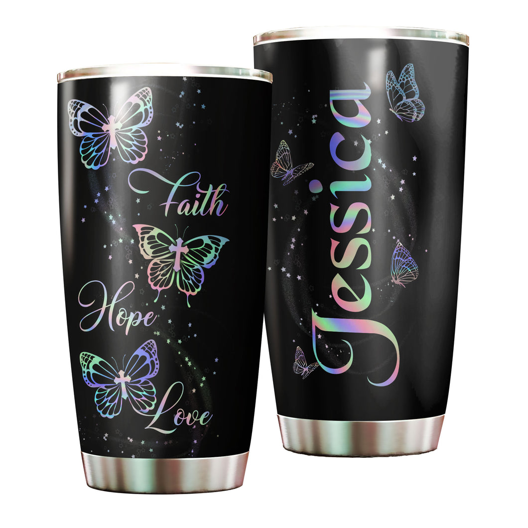 Camellia Personalized Butterfly Faith Hope Love Stainless Steel Tumbler - Double-Walled Insulation Vacumm Flask - For Thanksgiving, Memorial Day, Christians, Christmas Gift