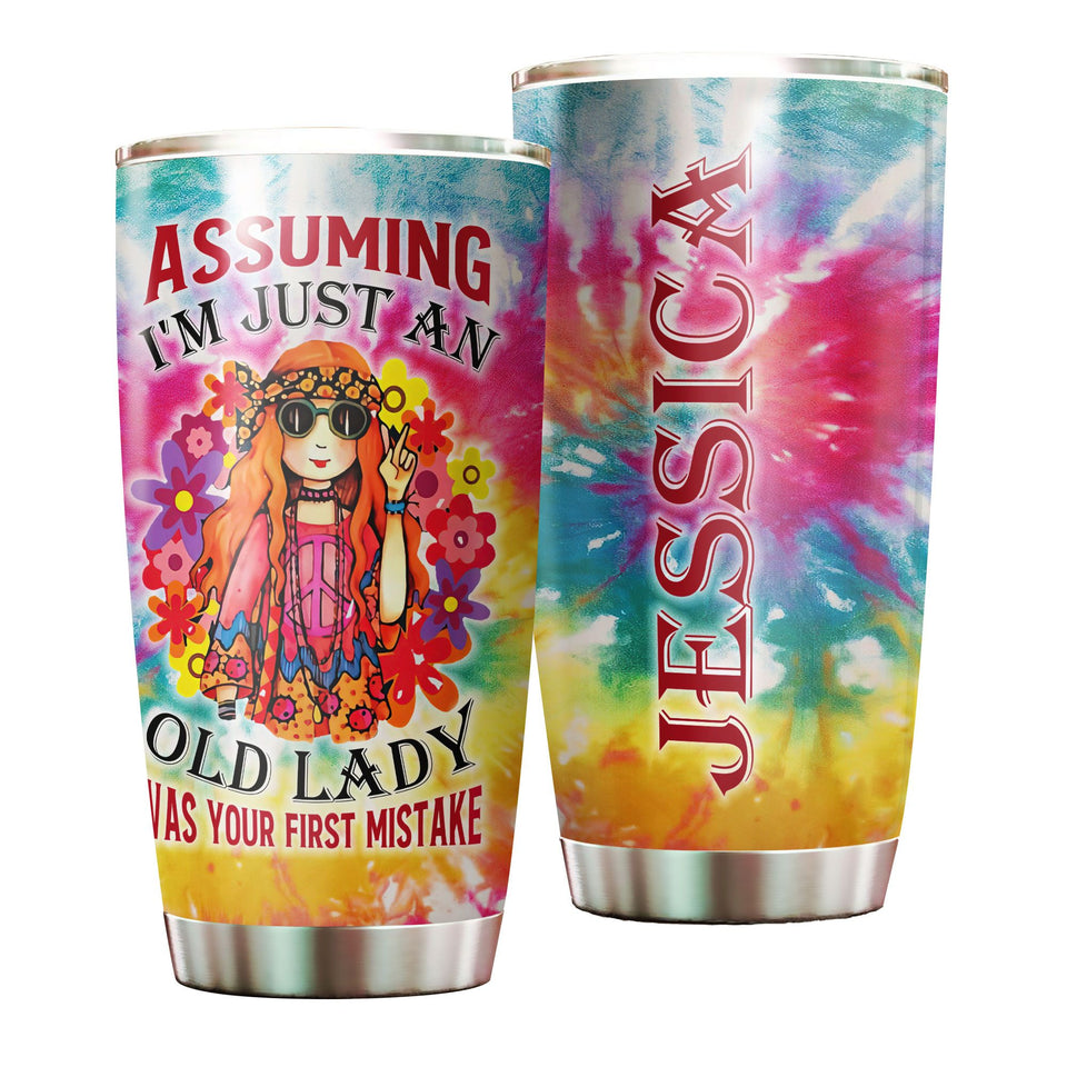 Camellia Personalized I'm Just Old Lady Hippie Style Stainless Steel Tumbler- Therma Flask Gift For Old Lady