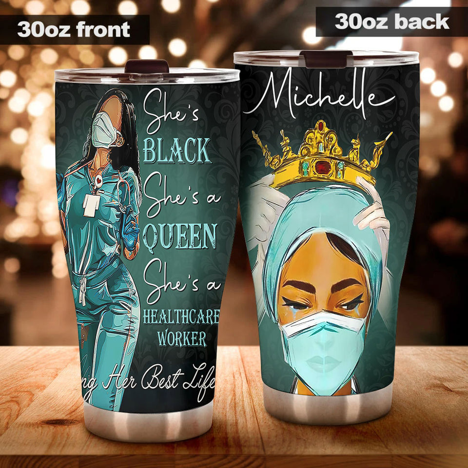 Camellia Personalized Black Nurse Living Her Best Life Stainless Steel Tumbler - Double-Walled Insulation Vacumm Flask - Gift For Black Queen, International Women's Day, Nurse's Day