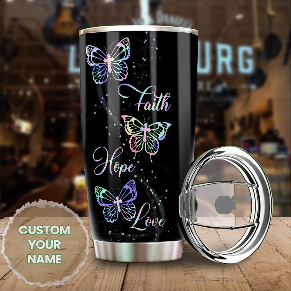 Camellia Personalized Butterfly Faith Hope Love Stainless Steel Tumbler - Double-Walled Insulation Vacumm Flask - For Thanksgiving, Memorial Day, Christians, Christmas Gift