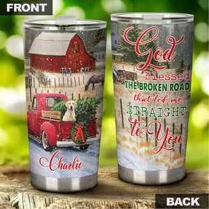 Camellia Personalized Dog In Car God Bleessed The Broken Road That Led Me Straight To You Stainless Steel Tumbler-Double-Walled Insulation Cup With Lid Gift For Chirstmas
