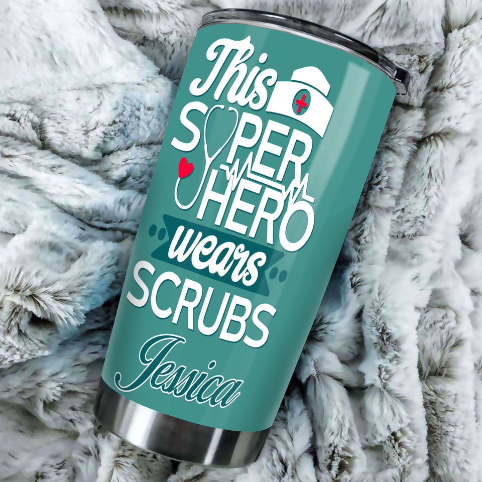 Camellia Personalized Nurse Hero Scrubs Stainless Steel Tumbler - Double-Walled Insulation Vacumm Flask - Gift For Nurse, Christmas Gift, International Nurses Day