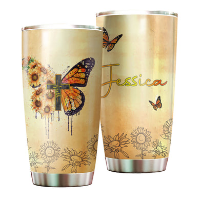 Camellia Personalized Butterfly Faith Christian Cross Sunflower Stainless Steel Tumbler - Double-Walled Insulation Vacumm Flask - For Thanksgiving, Memorial Day, Christians, Christmas Gift