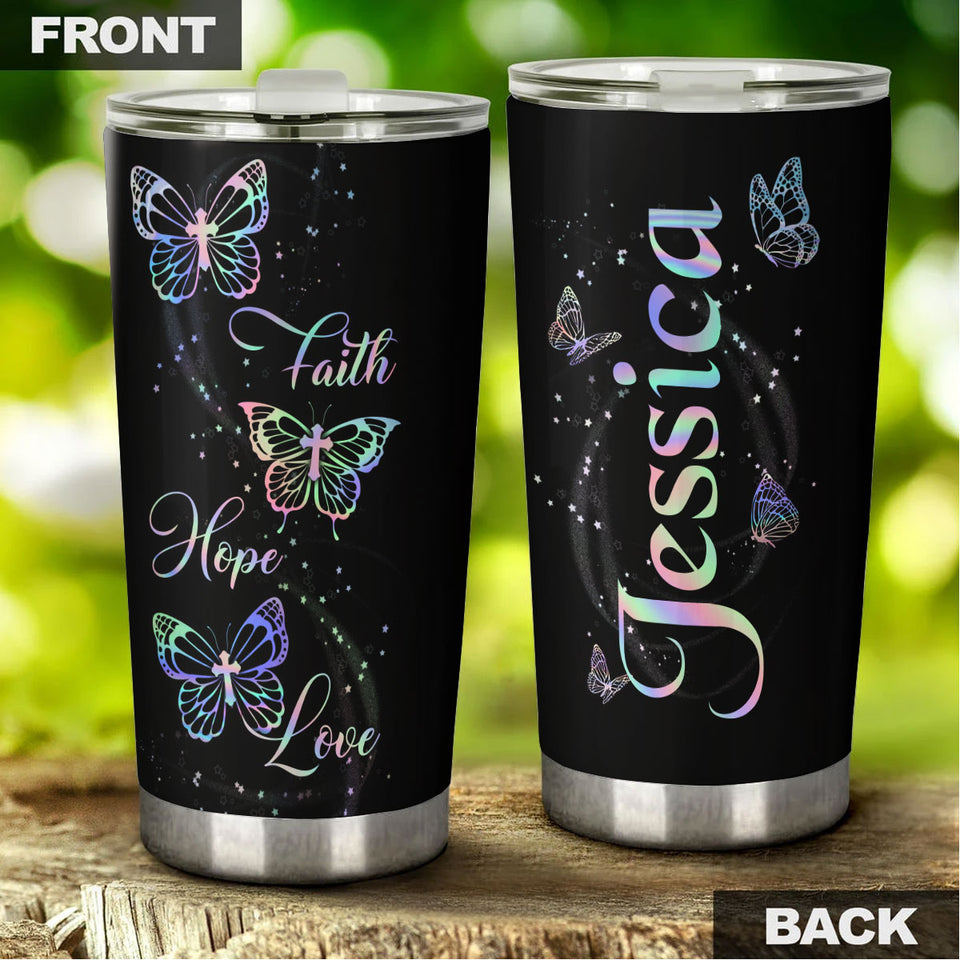 Camellia Personalized Butterfly Faith Hope Love Stainless Steel Tumbler - Double-Walled Insulation Vacumm Flask - For Thanksgiving, Memorial Day, Christians, Christmas Gift