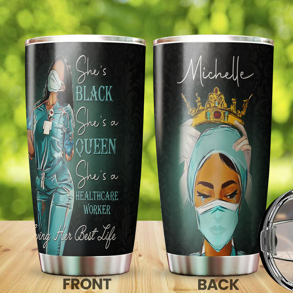 Camellia Personalized Black Nurse Living Her Best Life Stainless Steel Tumbler - Double-Walled Insulation Vacumm Flask - Gift For Black Queen, International Women's Day, Nurse's Day