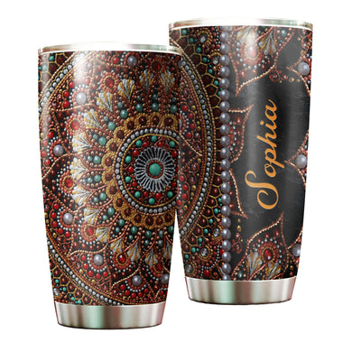 Camellia Personalized Mandala Beading Stainless Steel Tumbler-Sweat-Proof Double Wall Travel Cup With Lid