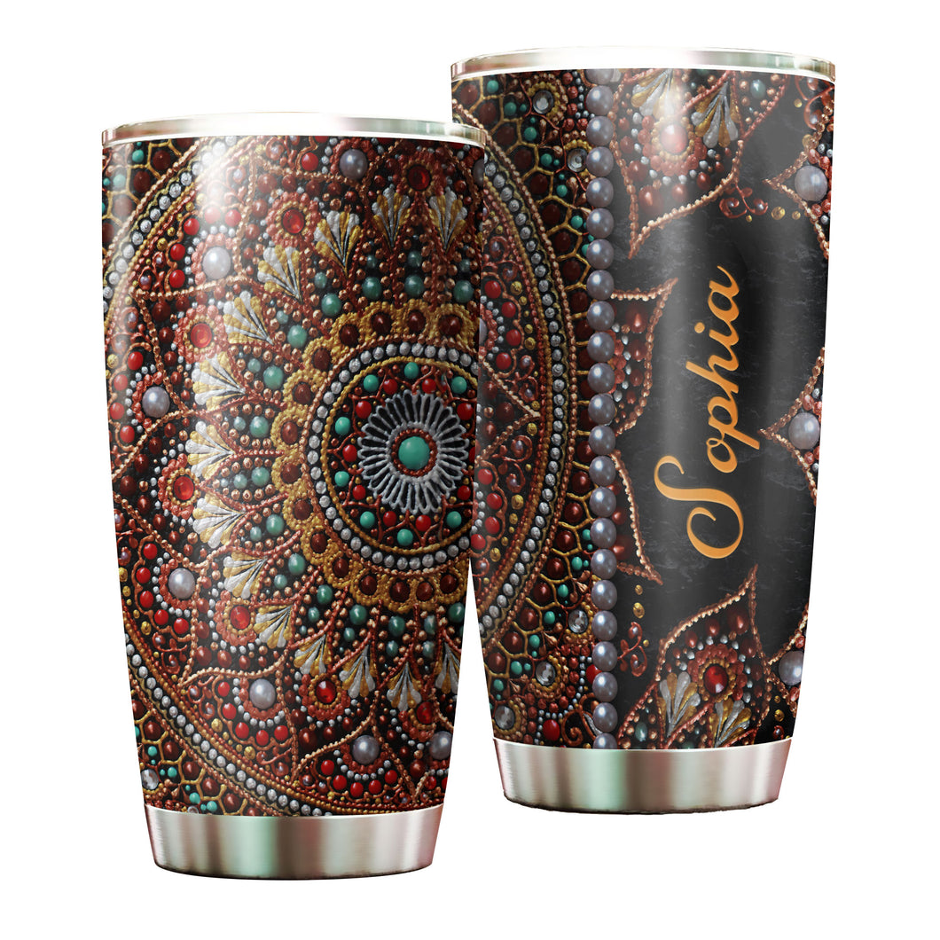 Camellia Personalized Mandala Beading Stainless Steel Tumbler-Sweat-Proof Double Wall Travel Cup With Lid