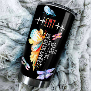 Camellia Personalized She Believed She Could So She Did Dragonfly Emergency Medical Technician Stainless Steel Tumbler - Customized Double-Walled Insulation Travel Thermal Cup With Lid Gift For Nurse Doctor