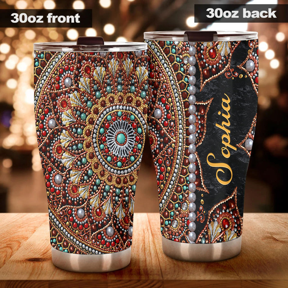 Camellia Personalized Mandala Beading Stainless Steel Tumbler-Sweat-Proof Double Wall Travel Cup With Lid