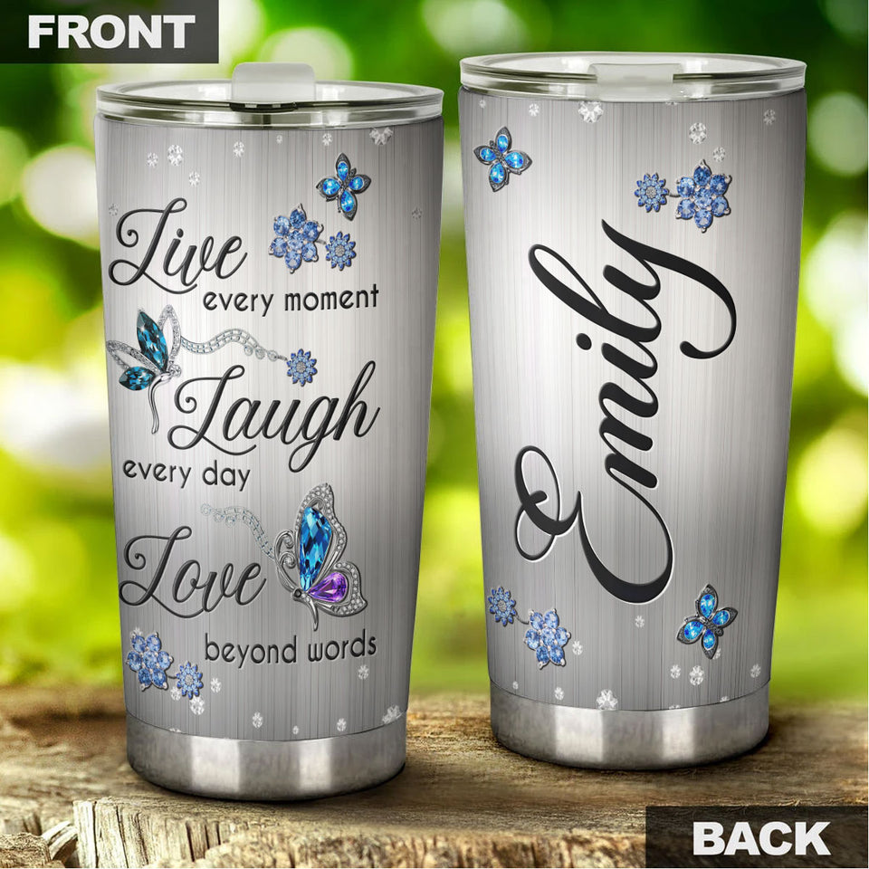 Camellia Personalized Butterfly Jewelry Style  Live Every Moment Stainless Steel Tumbler - Double-Walled Insulation Vacumm Flask - For Thanksgiving, Memorial Day, Christians, Christmas Gift