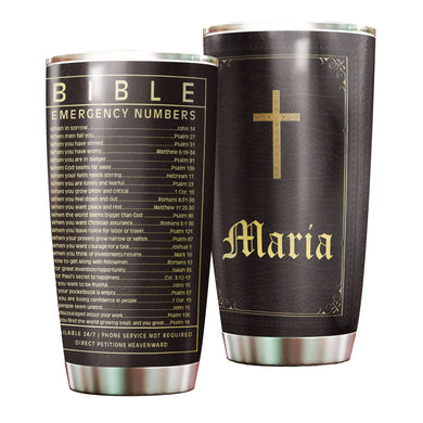 Camellia Personalized Bible Emergency Numbers Stainless Steel Tumbler - Customized Double-Walled Insulation Travel Thermal Cup With Lid Gift For Christian