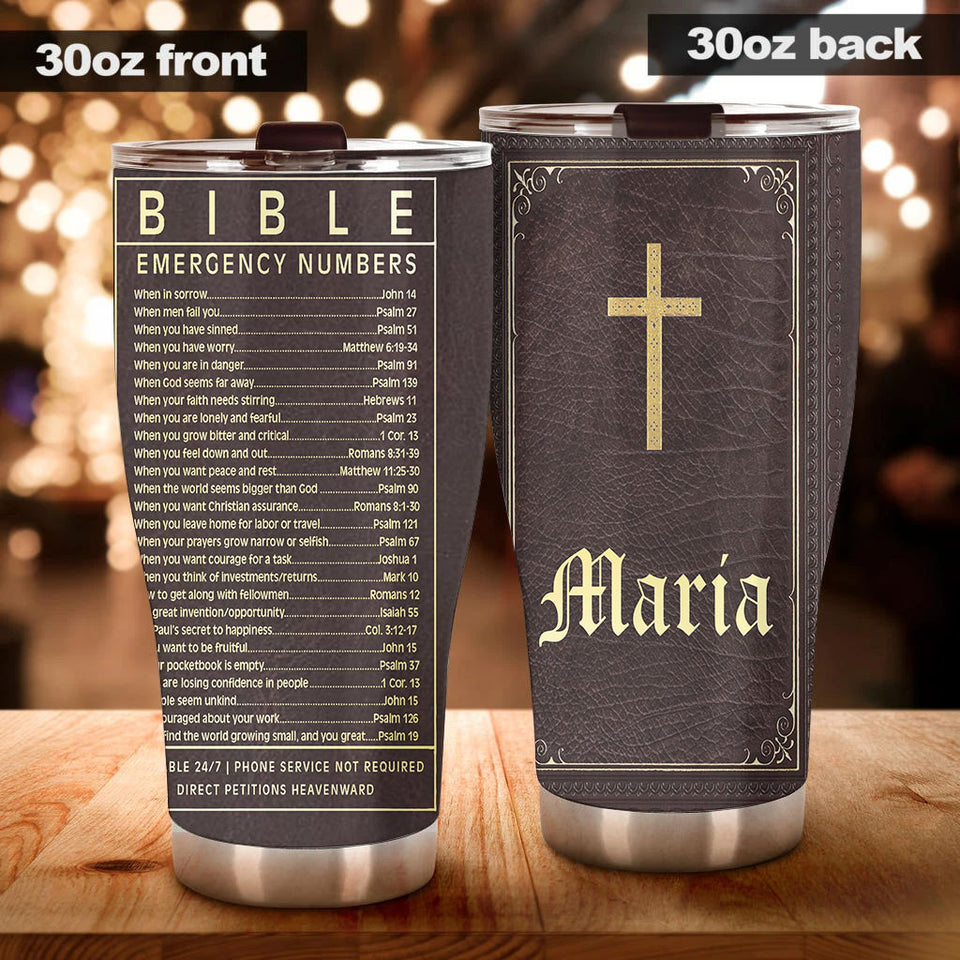Camellia Personalized Bible Emergency Numbers Stainless Steel Tumbler - Customized Double-Walled Insulation Travel Thermal Cup With Lid Gift For Christian