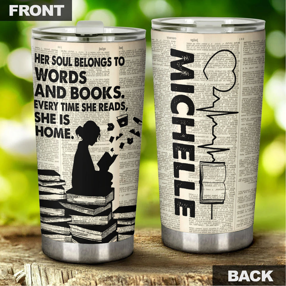 Camellia Personalized Her Soul Belongs To Words Stainless Steel Tumbler - Double-Walled Insulation Vacumm Flask - Gift For Book Lovers, Nerd, International Book Day