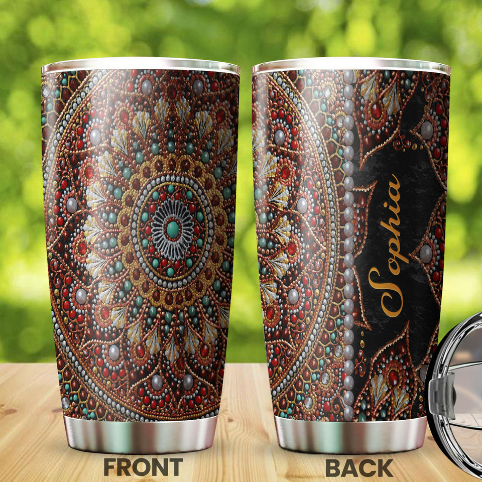 Camellia Personalized Mandala Beading Stainless Steel Tumbler-Sweat-Proof Double Wall Travel Cup With Lid