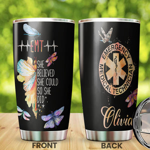 Camellia Personalized She Believed She Could So She Did Dragonfly Emergency Medical Technician Stainless Steel Tumbler - Customized Double-Walled Insulation Travel Thermal Cup With Lid Gift For Nurse Doctor