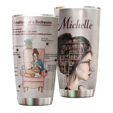 Camellia Personalized Bookworm Anatomy Stainless Steel Tumbler - Double-Walled Insulation Vacumm Flask - Gift For Book Lovers, Nerd, International Book Day