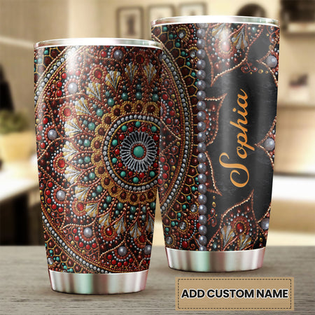 Camellia Personalized Mandala Beading Stainless Steel Tumbler-Sweat-Proof Double Wall Travel Cup With Lid