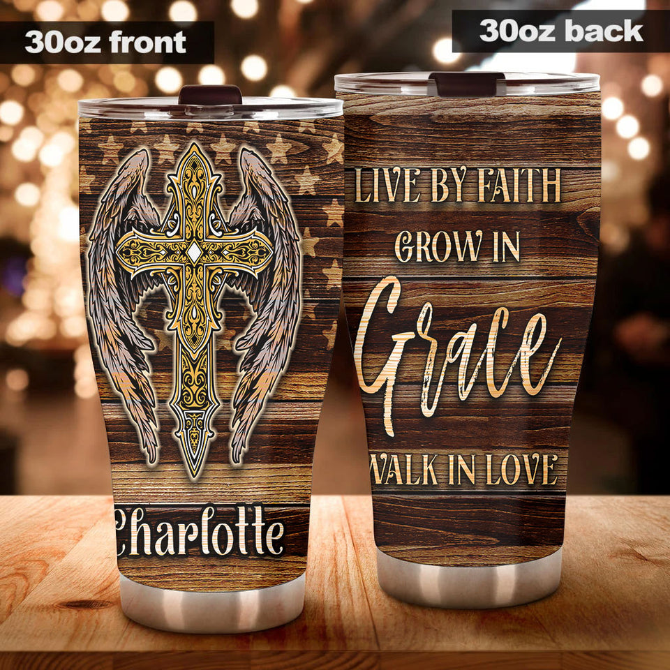 Camellia Personalized Live By Faith Grow By Grace The Cross Stainless Steel Tumbler-Thermal Flask Travel Therma Cup With Lid