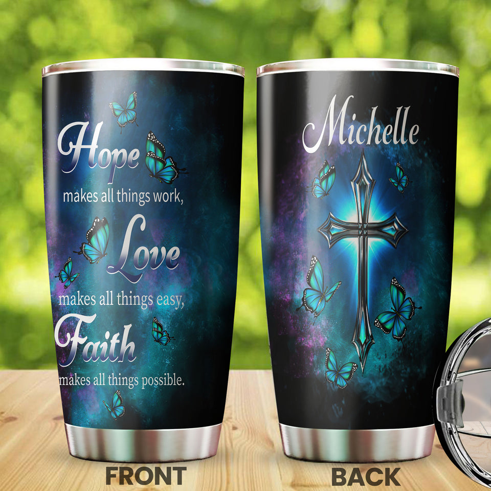 Camellia Personalized Blue Butterfly Live Love Faith Stainless Steel Tumbler - Double-Walled Insulation Vacumm Flask - Gift For Thanksgiving, Memorial Day