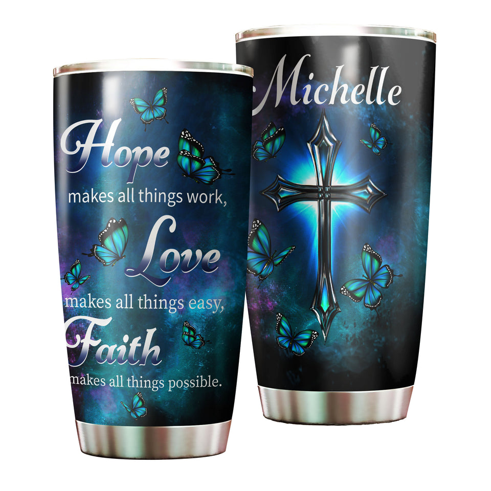 Camellia Personalized Blue Butterfly Live Love Faith Stainless Steel Tumbler - Double-Walled Insulation Vacumm Flask - Gift For Thanksgiving, Memorial Day