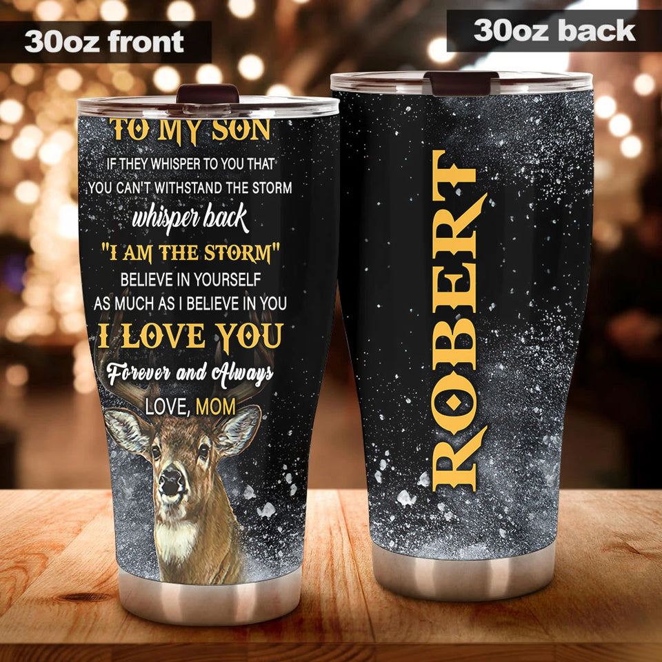 Camellia Personalized 3D Deer To My Son I Love You Forever And Always Mom Stainless Steel Tumbler - Customized Double-Walled Insulation Travel Thermal Cup With Lid Gift For Son Deer Lover