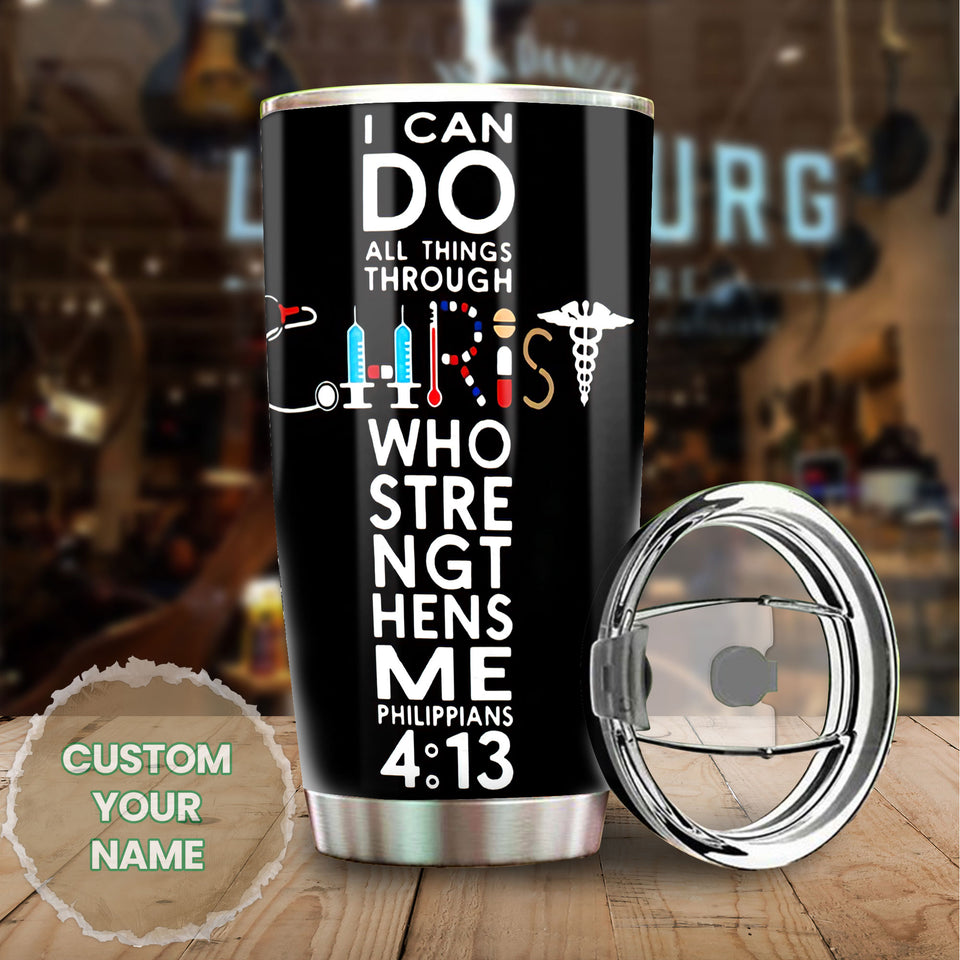 Camellia Personalized Nurse Can Do All Things Through Christ Stainless Steel Tumbler - Double-Walled Insulation Vacumm Flask - Gift For Nurse, Christmas Gift, International Nurses Day