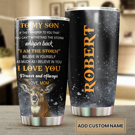 Camellia Personalized 3D Deer To My Son I Love You Forever And Always Mom Stainless Steel Tumbler - Customized Double-Walled Insulation Travel Thermal Cup With Lid Gift For Son Deer Lover