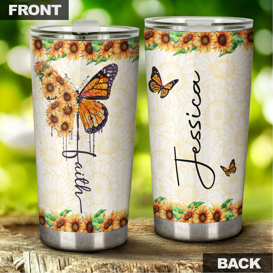 Camellia Personalized Butterfly Faith Sunflower Stainless Steel Tumbler - Double-Walled Insulation Vacumm Flask - For Thanksgiving, Memorial Day, Christians, Christmas Gift