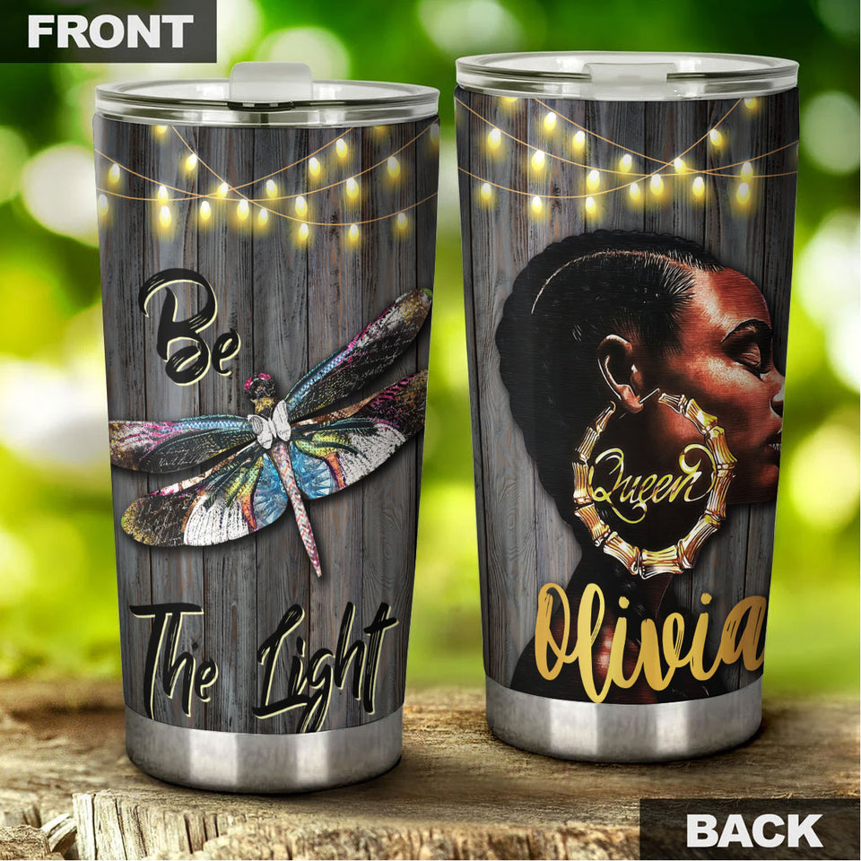 Camellia Personalized Colorful Dragonfly Black Queen Be The Light Stainless Steel Tumbler - Customized Double-Walled Insulation Travel Thermal Cup With Lid