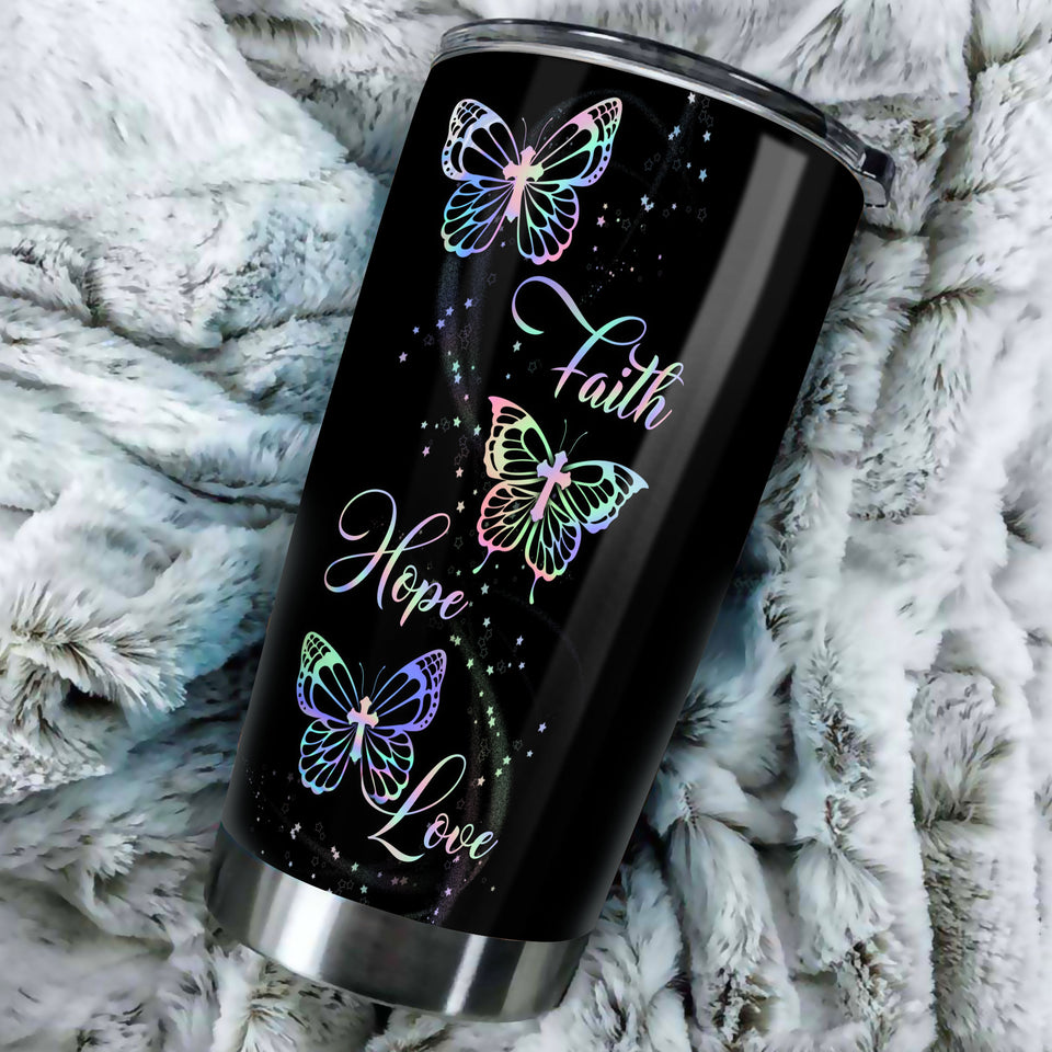 Camellia Personalized Butterfly Faith Hope Love Stainless Steel Tumbler - Double-Walled Insulation Vacumm Flask - For Thanksgiving, Memorial Day, Christians, Christmas Gift