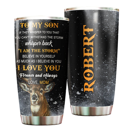 Camellia Personalized 3D Deer To My Son I Love You Forever And Always Mom Stainless Steel Tumbler - Customized Double-Walled Insulation Travel Thermal Cup With Lid Gift For Son Deer Lover