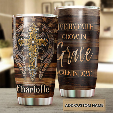 Camellia Personalized Live By Faith Grow By Grace The Cross Stainless Steel Tumbler-Thermal Flask Travel Therma Cup With Lid