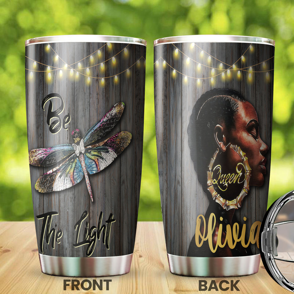 Camellia Personalized Colorful Dragonfly Black Queen Be The Light Stainless Steel Tumbler - Customized Double-Walled Insulation Travel Thermal Cup With Lid
