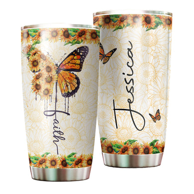 Camellia Personalized Butterfly Faith Sunflower Stainless Steel Tumbler - Double-Walled Insulation Vacumm Flask - For Thanksgiving, Memorial Day, Christians, Christmas Gift