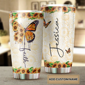 Camellia Personalized Butterfly Faith Sunflower Stainless Steel Tumbler - Double-Walled Insulation Vacumm Flask - For Thanksgiving, Memorial Day, Christians, Christmas Gift