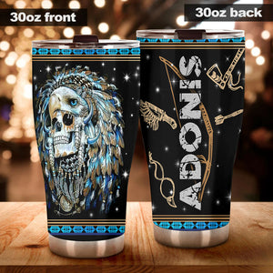 Camellia Personalized 3D Native American Skull Stainless Steel Tumbler - Double-Walled Insulation Vacumm Flask - Gift for Native American, Christmas