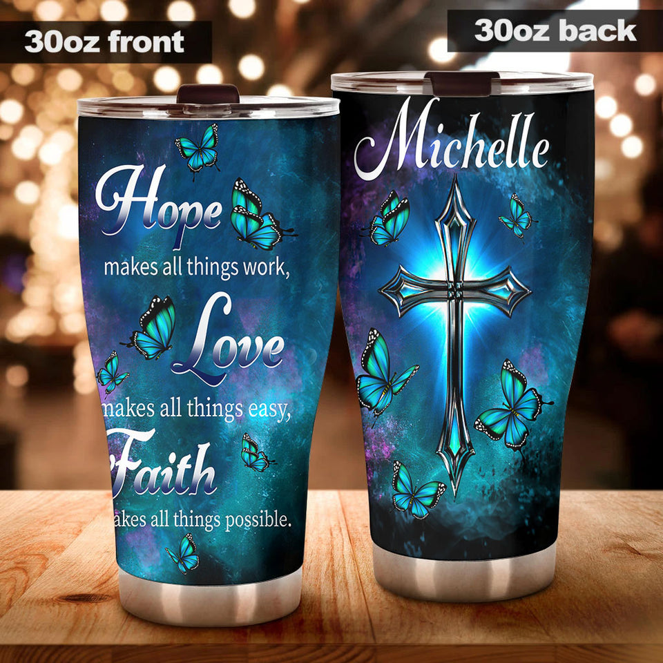 Camellia Personalized Blue Butterfly Live Love Faith Stainless Steel Tumbler - Double-Walled Insulation Vacumm Flask - Gift For Thanksgiving, Memorial Day